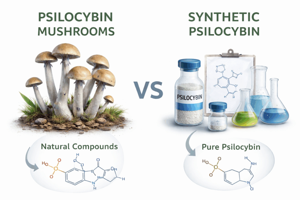 Educational comparison showing natural psilocybin mushrooms alongside laboratory-synthesized psilocybin molecules