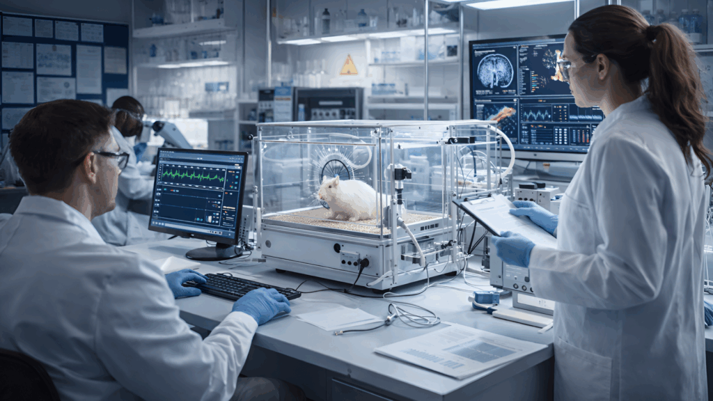 Wide, realistic image of a preclinical research laboratory representing scientific investigation of ibogaine through animal and toxicology studies