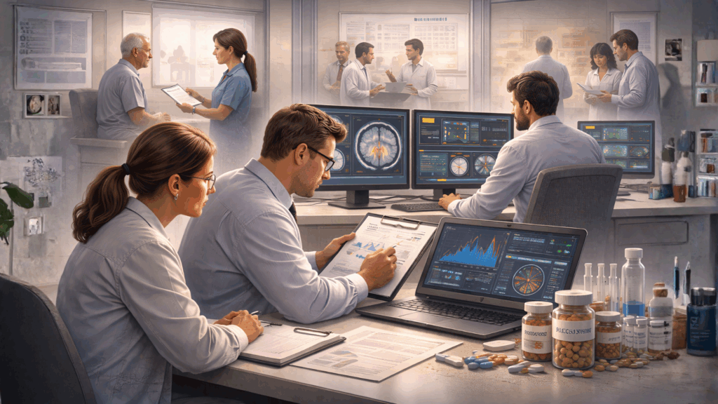 Clinical research illustration showing psilocybin study oversight, data analysis, participant screening, and safety monitoring in regulated trials