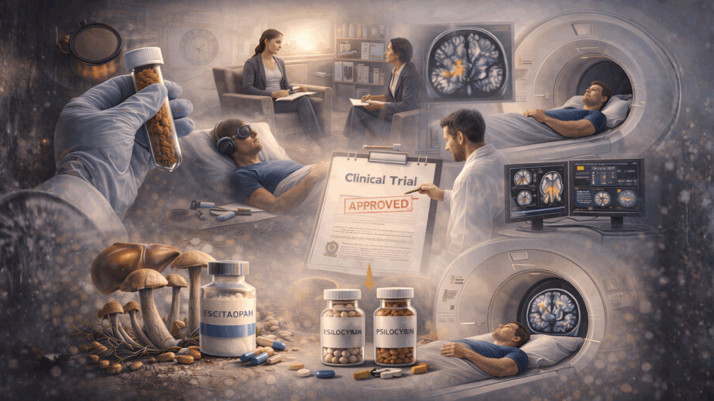 Clinical research illustration representing psilocybin studies, scientific evaluation, and mental health research environments