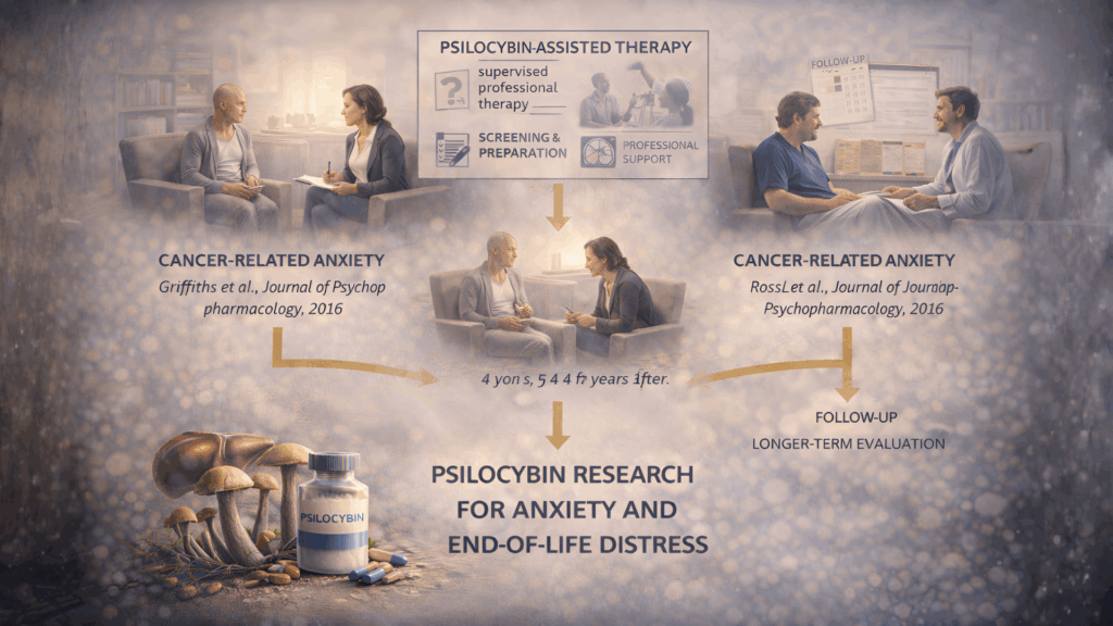 Clinical research illustration showing psilocybin-assisted therapy for anxiety and end-of-life distress, including supervised sessions, emotional assessment, and outcome evaluation in cancer-related studies