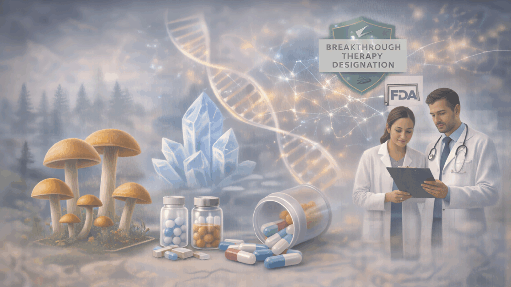 Scientific illustration showing FDA review pathways and accelerated research designation processes