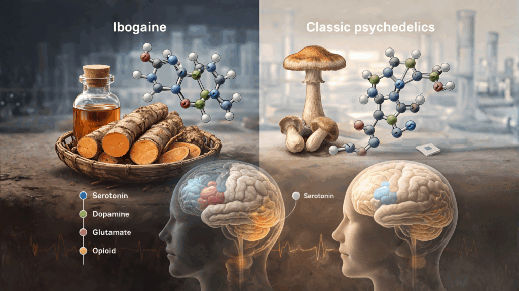 Scientific comparison illustration showing ibogaine alongside other psychedelic compounds with distinct mechanisms and safety