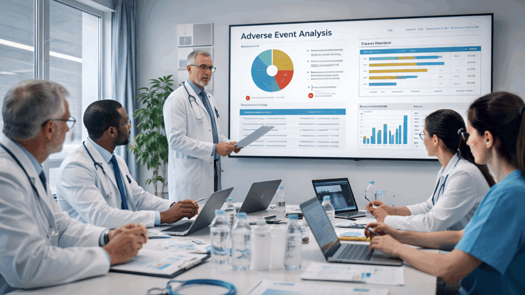 Wide, realistic image of a medical safety review environment showing healthcare professionals evaluating clinical data related to ibogaine adverse event research