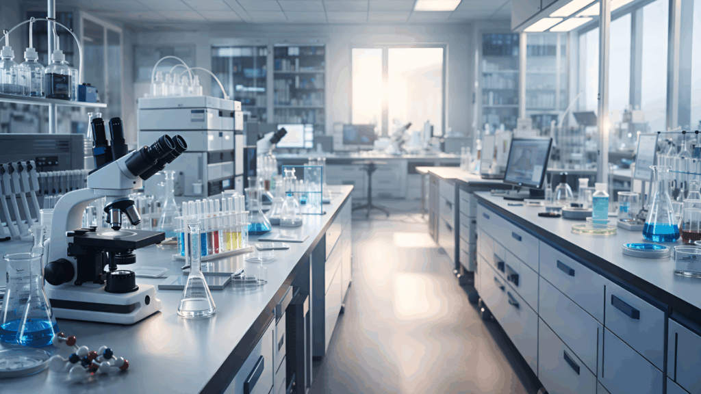 photograph of a modern pharmaceutical research laboratory representing scientific development of safer ibogaine analogs such as 18-MC