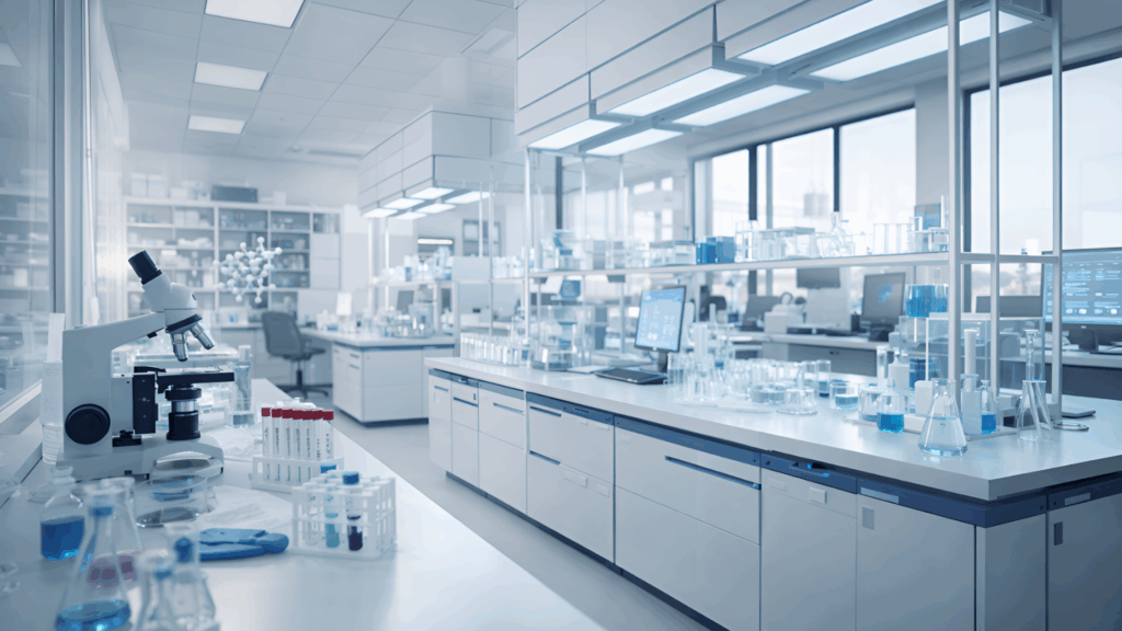 realistic image of a modern medical research laboratory representing the current status of ibogaine clinical research and scientific evaluation lab