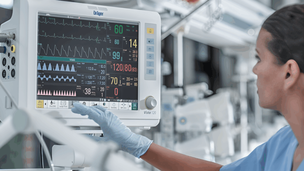 Wide, realistic image of a hospital medical monitoring environment showing cardiac telemetry and patient observation used in safety oversight for ibogaine research