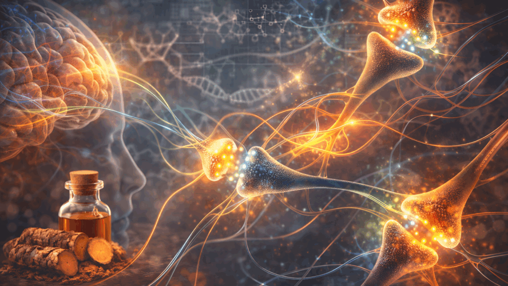 Scientific illustration showing complex, overlapping brain signaling pathways affected by ibogaine