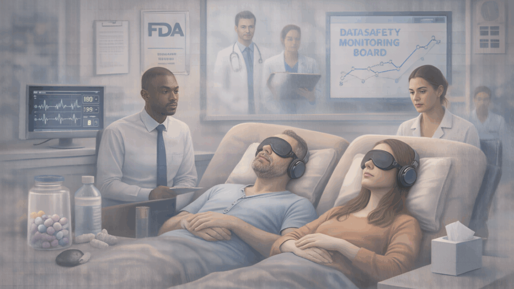 Scientific illustration showing MDMA-assisted therapy research sessions under clinical supervision