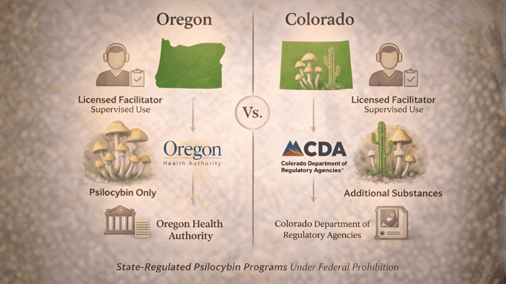 Educational illustration showing regulated psilocybin service frameworks and state oversight systems