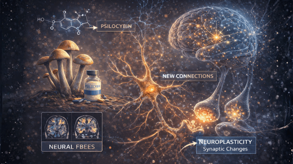 Scientific illustration showing brain networks and communication pathways altered during psilocybin research