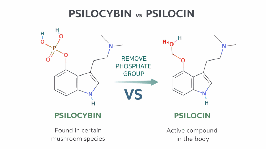 Educational diagram comparing the molecular structures of psilocybin and psilocin