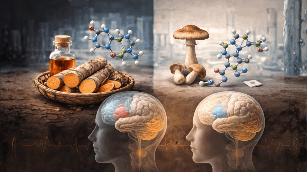 Scientific comparison illustration showing ibogaine alongside other psychedelic compounds with distinct mechanisms and safety profiles
