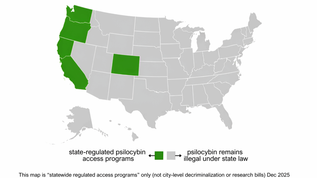 U.S. map highlighting Oregon and Colorado as states with regulated psilocybin services, with all other states shown as not legalized for statewide psilocybin access