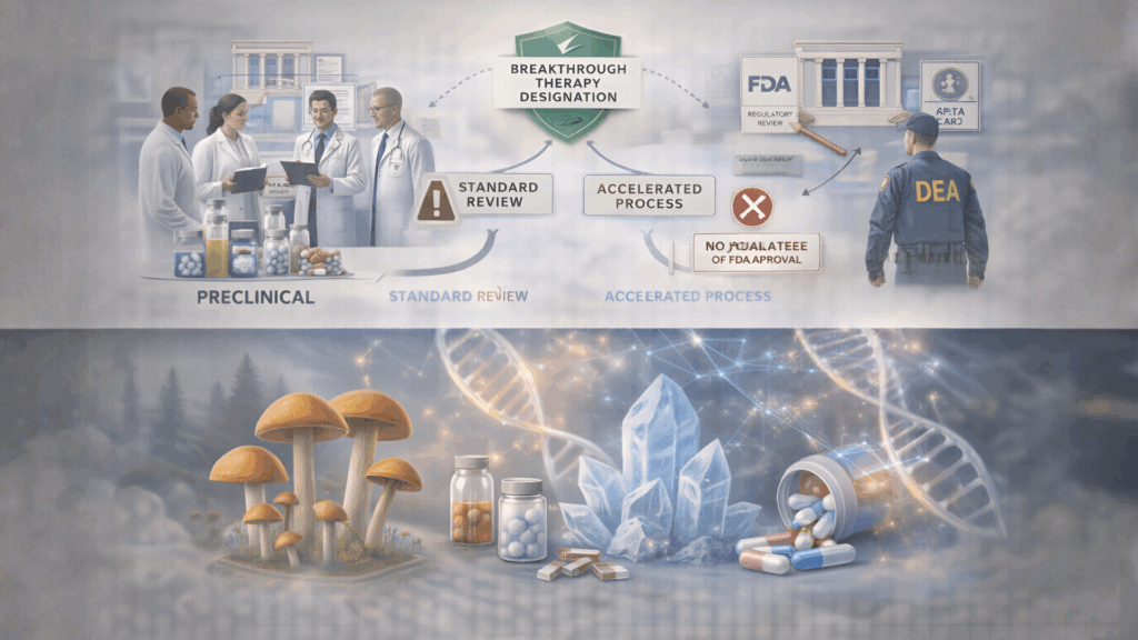 Scientific illustration showing FDA review pathways and accelerated research designation processes