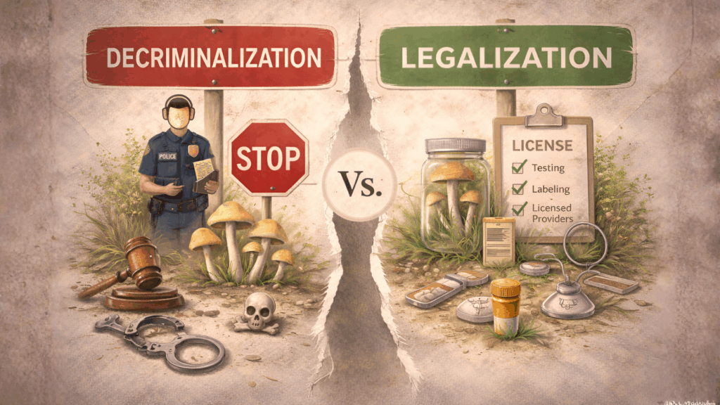 Educational illustration showing differences between decriminalization and legalization frameworks for psilocybin policy