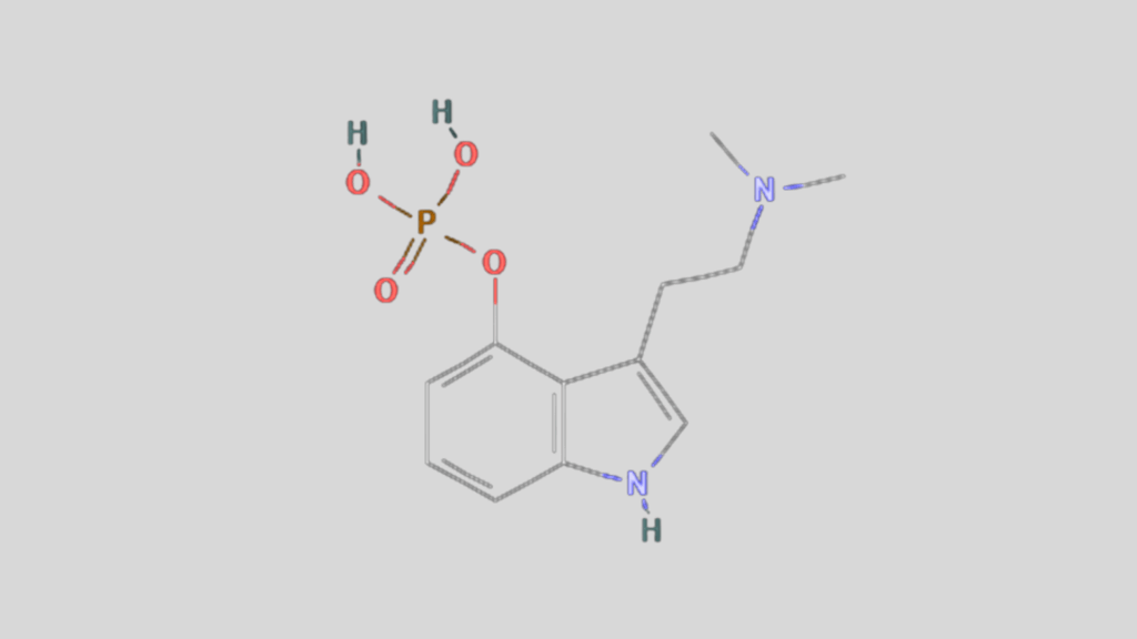 Educational diagram showing the molecular structure of psilocybin, a naturally occurring psychedelic compound studied in plant and mushroom science research.