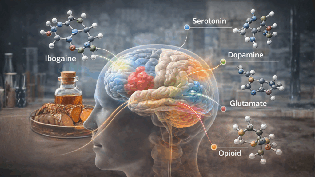 Scientific illustration showing ibogaine interactions with multiple brain neurotransmitter systems