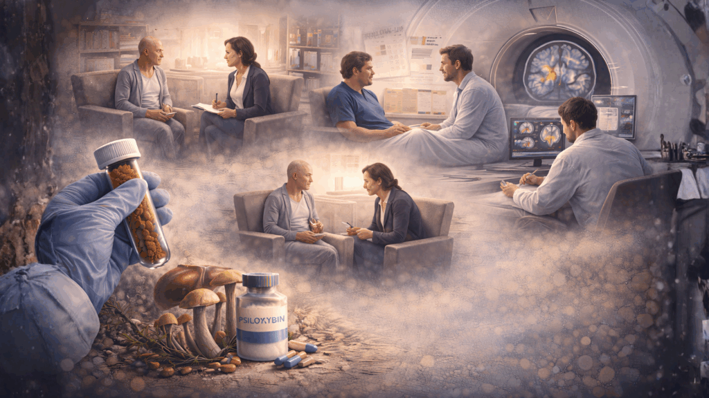 Clinical research environment showing psychological support and evaluation used in anxiety and end-of-life psilocybin studies