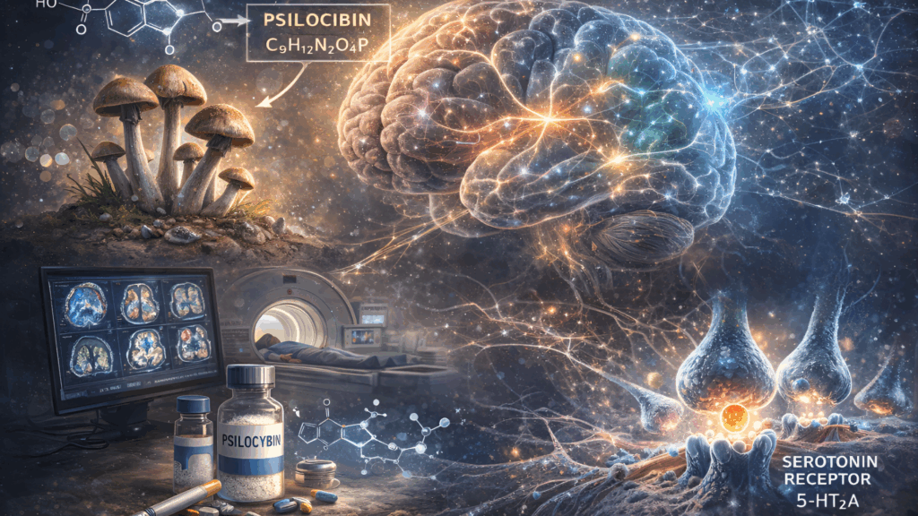 Scientific illustration showing brain networks and serotonin receptor activity influenced by psilocybin