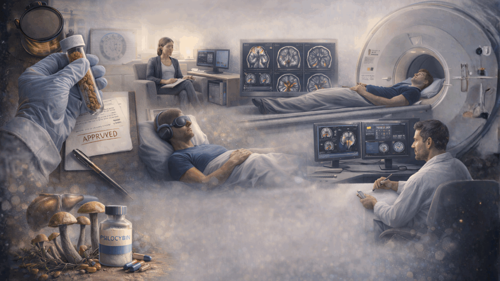 Educational image showing clinical research settings and brain imaging used in psilocybin studies