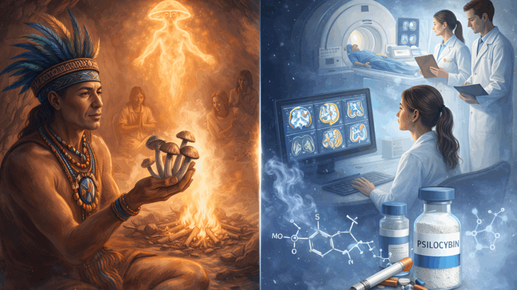 Educational illustration showing the transition from historical psilocybin use to modern scientific research environments