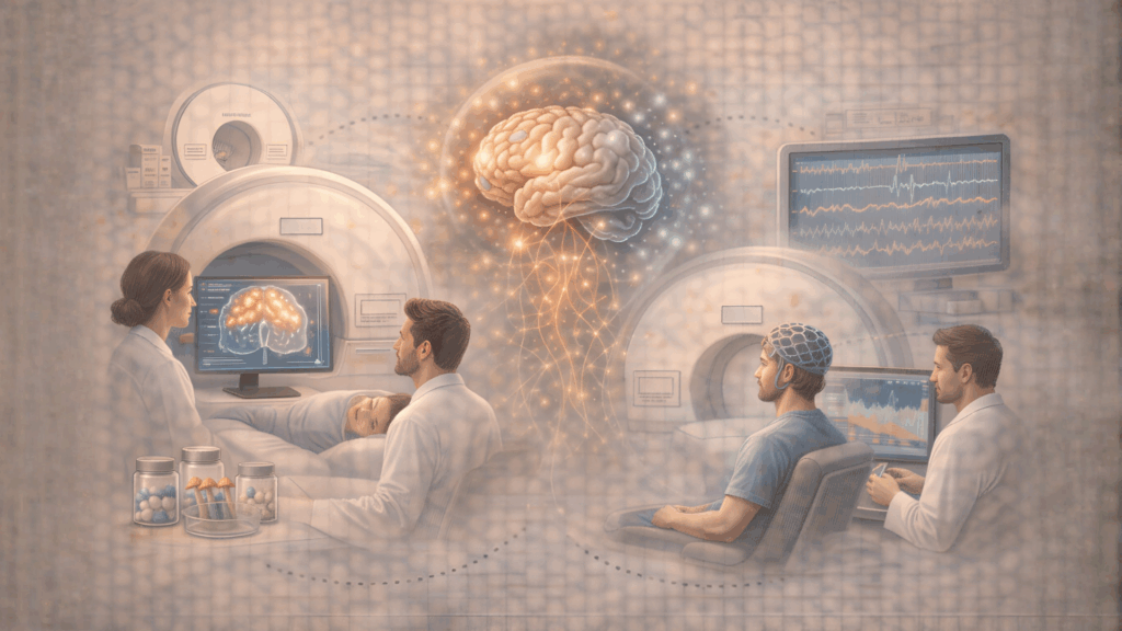 Scientific illustration showing brain imaging analysis in microdosing research studies