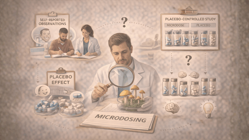 Educational illustration showing research evaluation of microdosing patterns and cognitive outcomes
