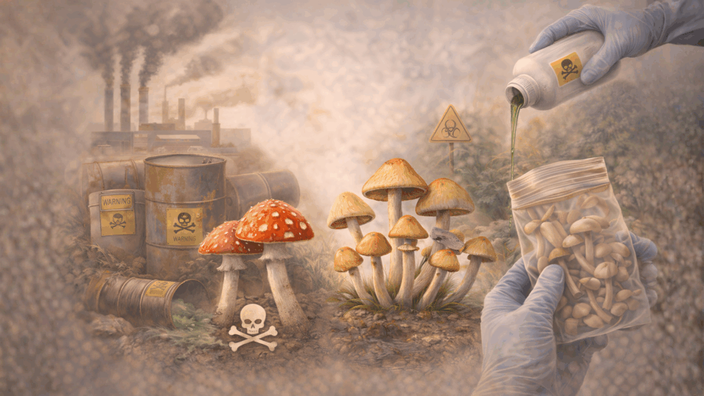Educational illustration showing differences between toxic and non-toxic mushrooms and environmental safety risks