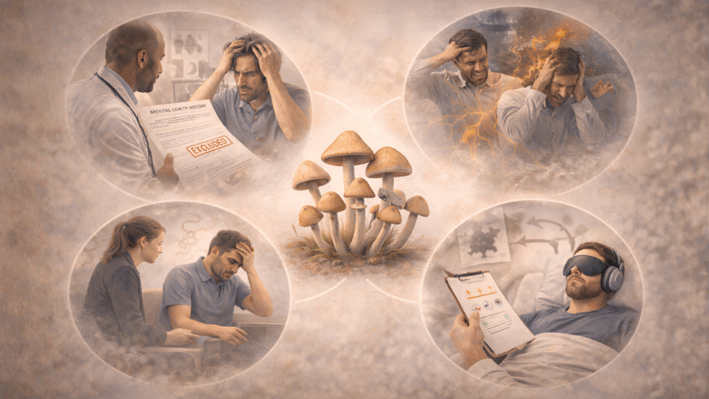 Clinical research illustration showing psychological screening and risk evaluation in psilocybin studies