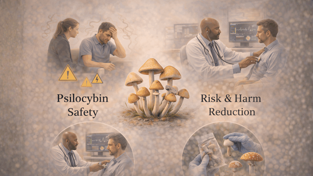 Educational illustration showing safety monitoring and risk assessment in psilocybin research settings
