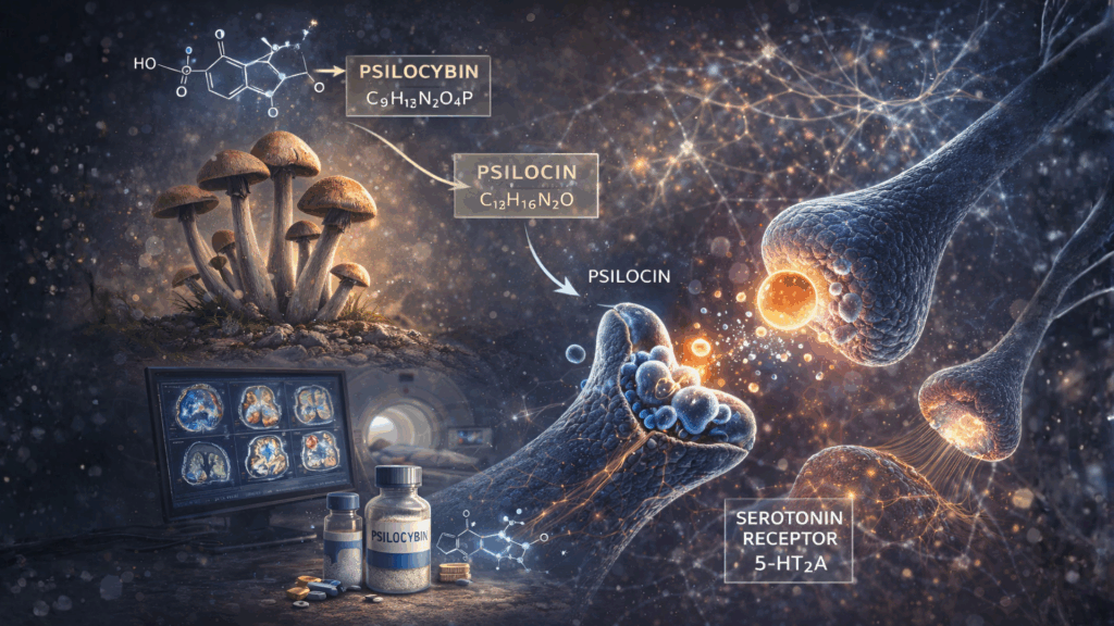 Scientific illustration showing serotonin receptor activity and neural signaling pathways affected by psilocybin