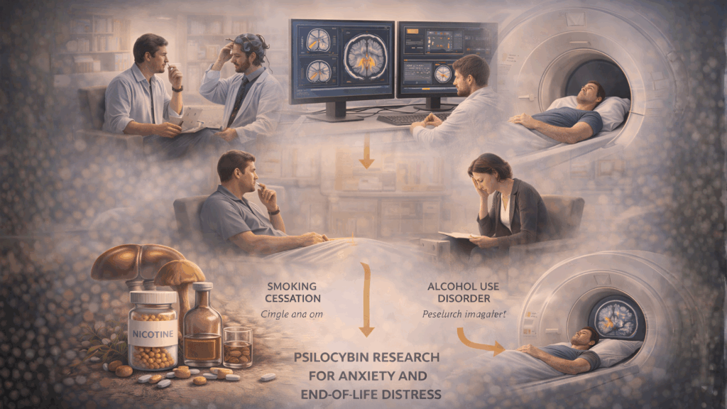 Clinical research setting showing evaluation of substance use disorder treatment outcomes and brain activity