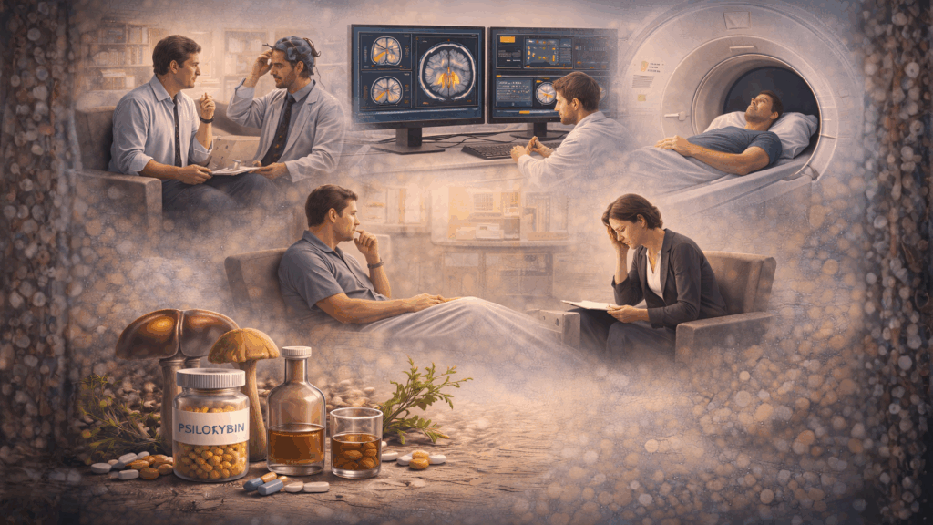 Clinical research illustration representing psilocybin studies for substance use disorders, showing supervised therapy sessions, brain imaging analysis, and controlled research environments