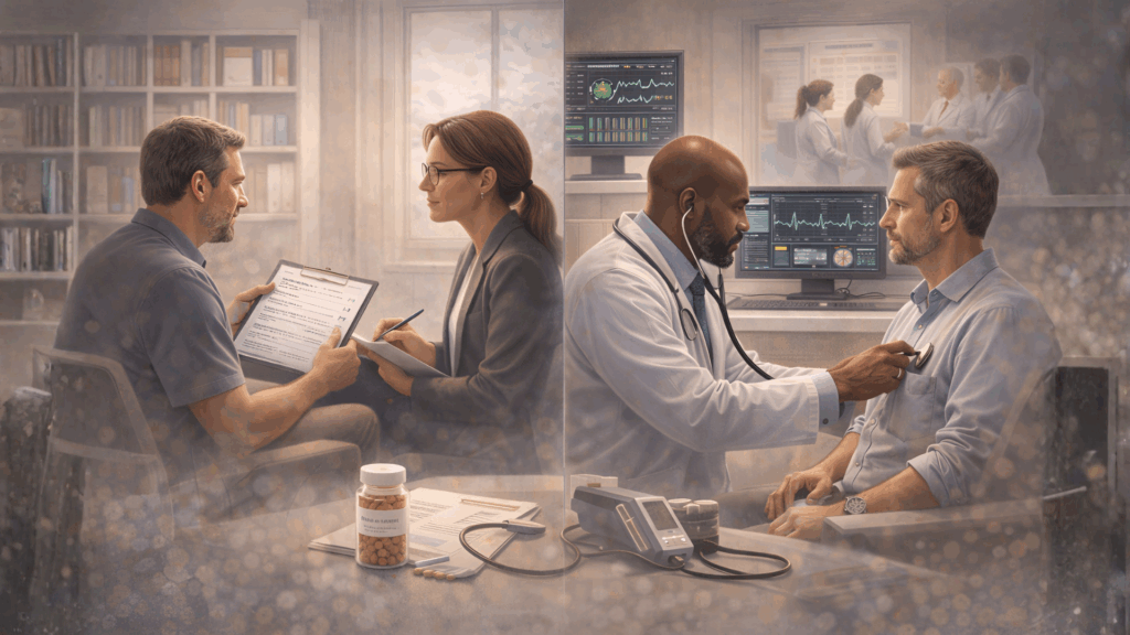 Clinical research illustration showing psychological screening and medical evaluation in psilocybin studies