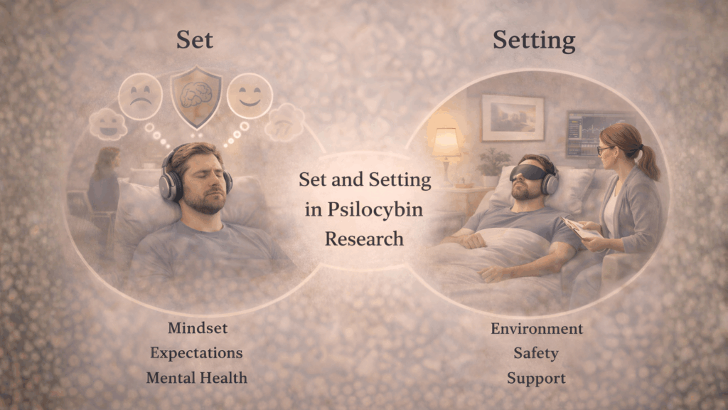 Clinical research illustration showing controlled environments and psychological context in psilocybin studies
