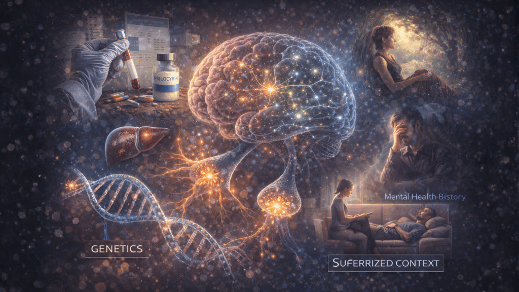 Educational illustration showing biological and psychological factors influencing individual brain responses