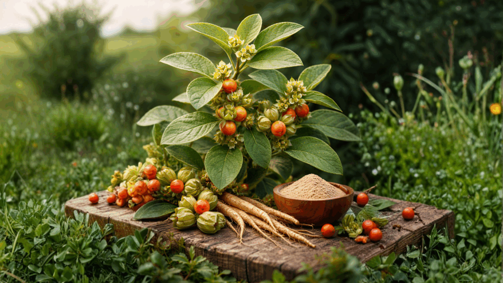 Ashwagandha plant with green leaves, small berries, and harvested roots displayed in a natural setting