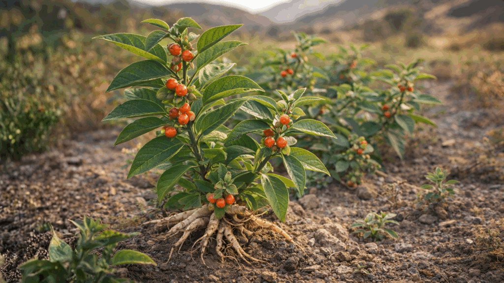 Ashwagandha roots and plant compounds illustrating withanolides and plant chemistry studied