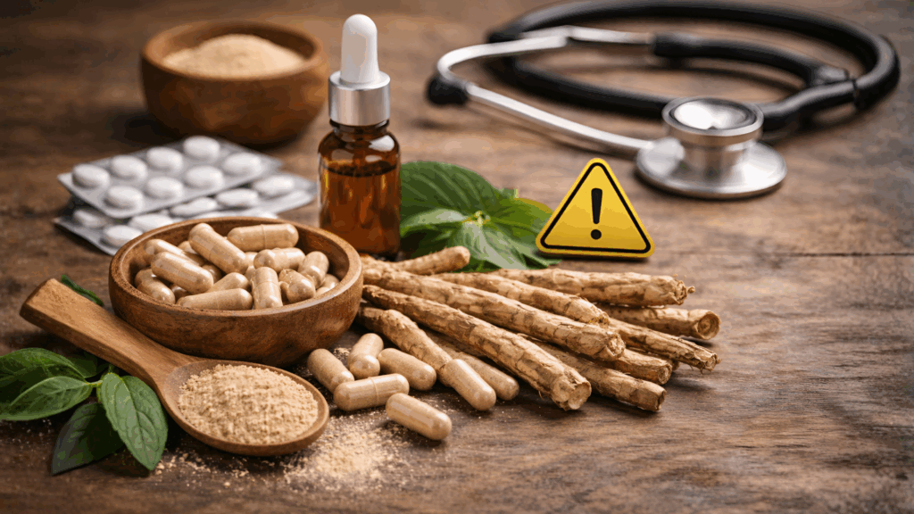 Ashwagandha root and supplement forms displayed to illustrate safety and tolerability considerations