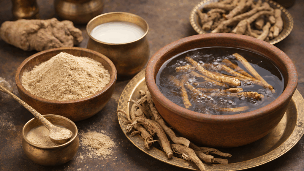 Traditional Ayurvedic preparation scene featuring ashwagandha roots and herbal ingredients arranged for natural plant-based healing research.