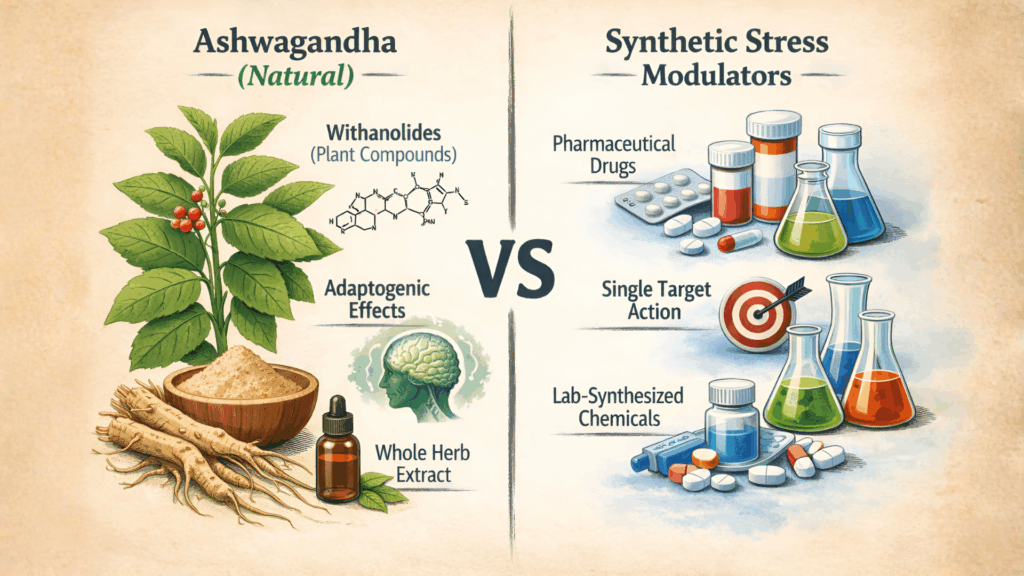 Ashwagandha roots and plant compounds illustrating withanolides and plant chemistry studied in botanical research