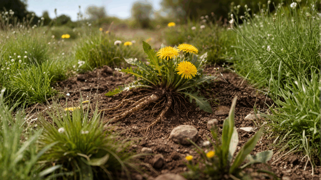 Dandelion root plant in its natural habitat, showing the taproot system emerging from healthy soil in a wild landscape