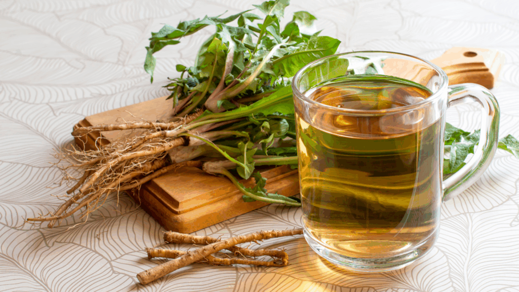 Glass cup of dandelion root tea beside fresh dandelion roots and leaves, illustrating traditional and scientific uses of dandelion root in herbal research and digestive health studies