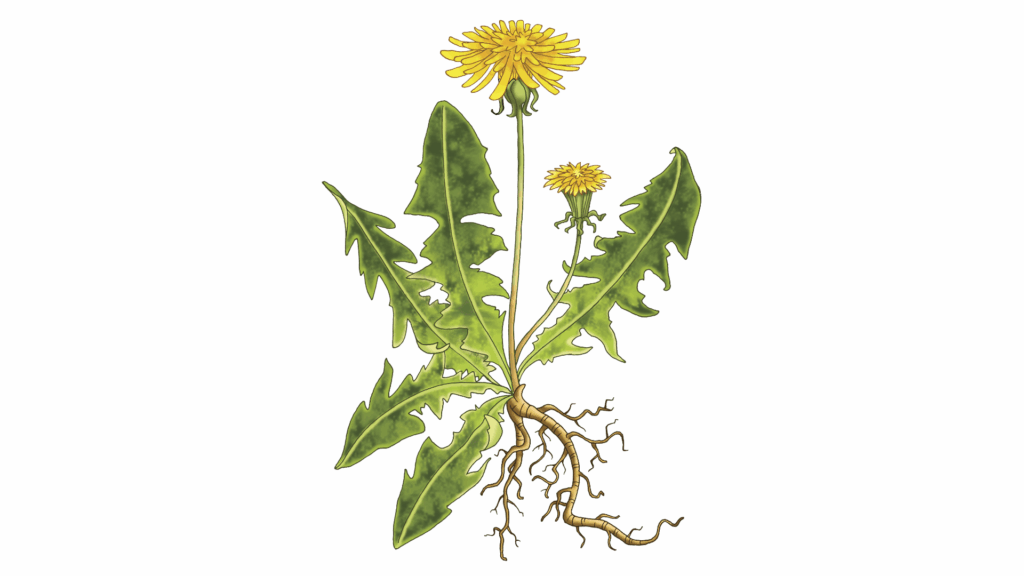 Dandelion plant with exposed root system showing the full structure of Taraxacum officinale used in botanical and medicinal
