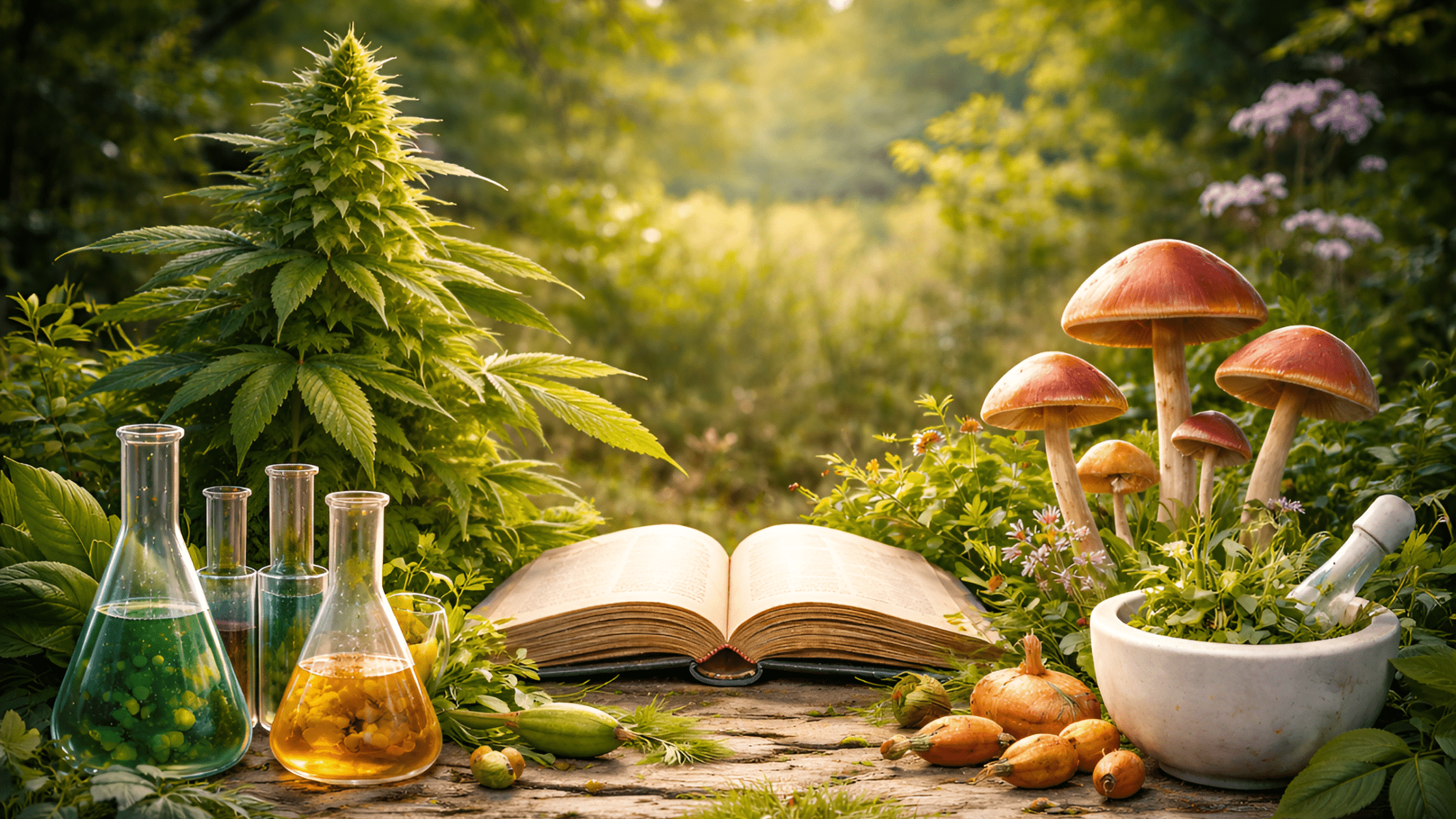 Photorealistic arrangement of medicinal plants and herbs representing modern plant science and natural healing research