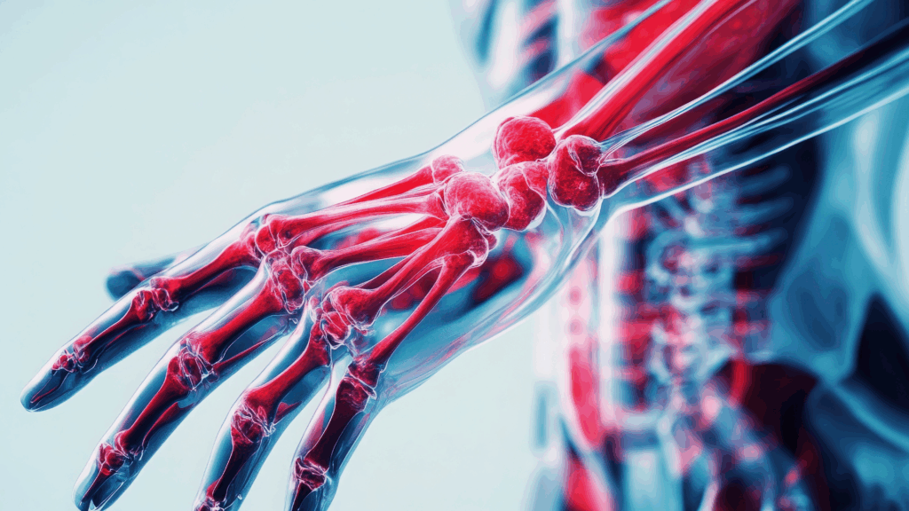 Medical illustration showing inflamed hand joints and cartilage stress related to joint pain and inflammation