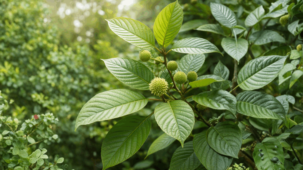 Close-up view of kratom leaves and branches from a mature kratom tree, highlighting the natural leaf shape, texture, and green coloration of the plant used in botanical research