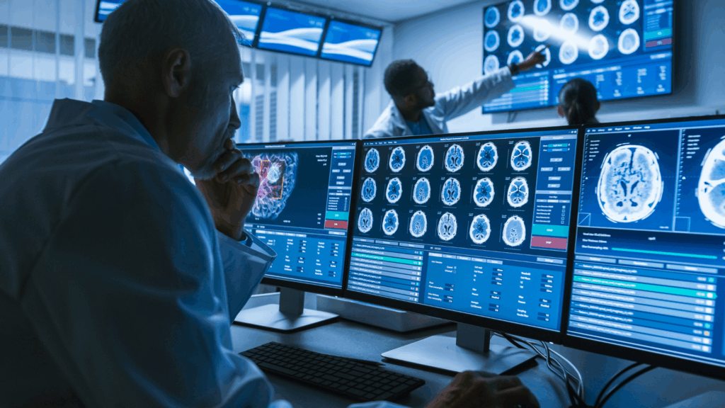 Medical researchers reviewing advanced brain imaging scans on multiple monitors while analyzing neurological data related to clinical research and regulatory evaluation