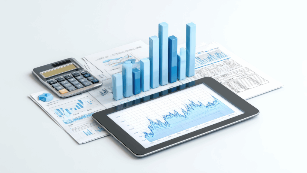 Market trend analysis showing growth charts, financial data, and performance indicators